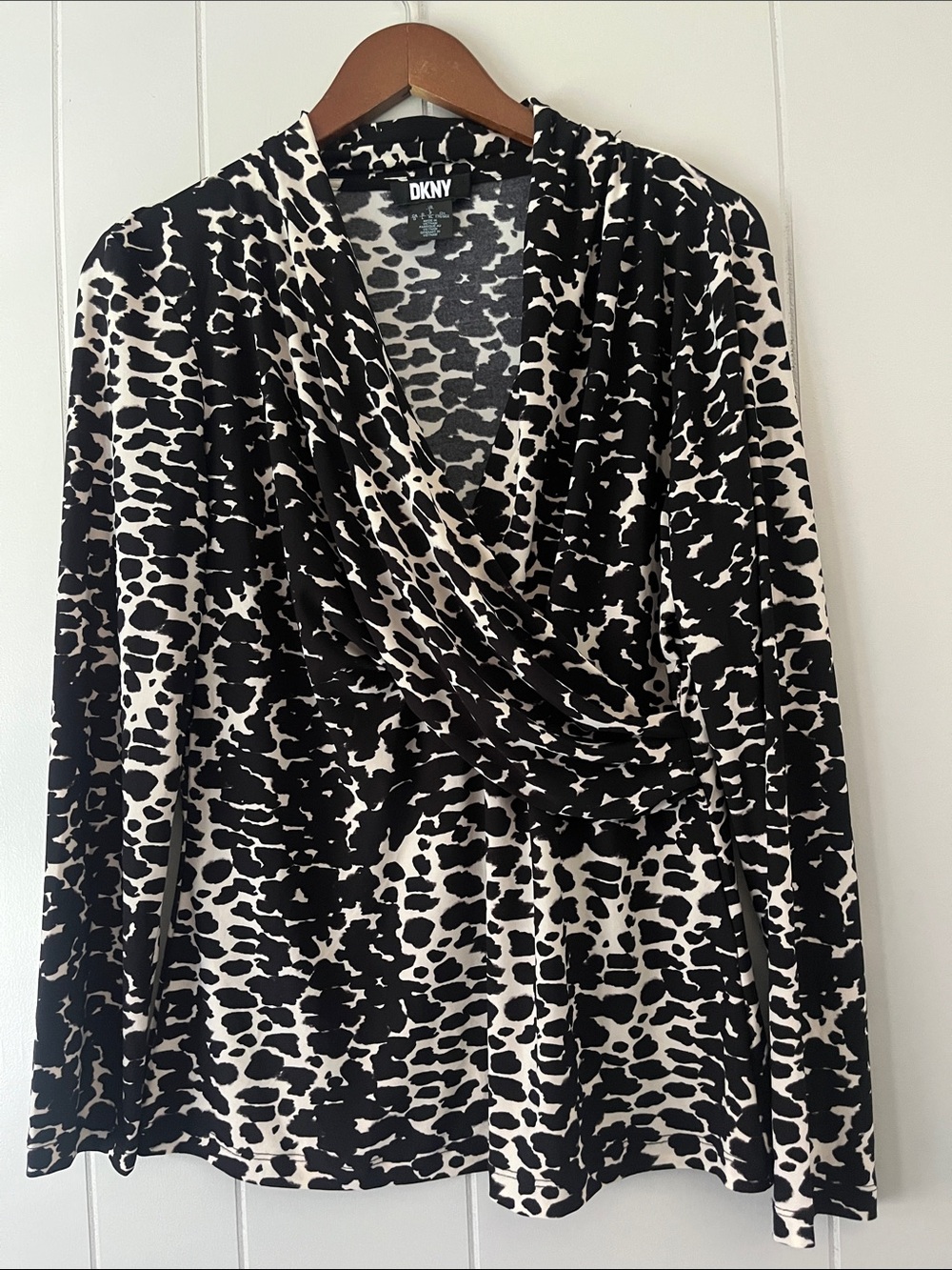 DKNY Black & White Animal-Print Wrap Blouse